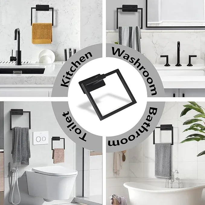 LANC Hand Towel Holder for Bathroom Wall Mount Matte Black Square Self Adhesive Hand Towel Rings for Bathroom Hardware Accessories Kitchen Toilet Stainless Steel Towel Hanger Racks, A8396MB - ModernBath