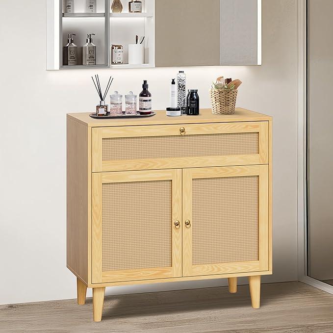 Storage Cabinet with Rattan Decor Doors & Drawer, Modern Bathroom Floor Storage Cabinet Organizer, Freestanding Cupboard for Kitchen/Living Room Use - ModernBath