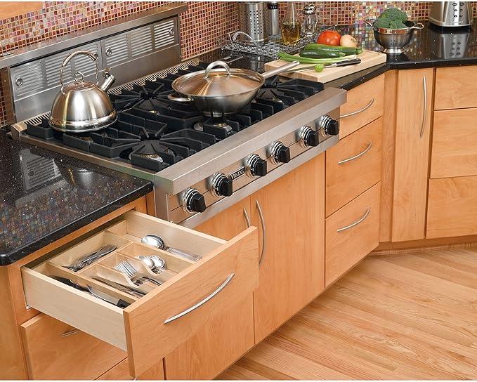 Rev-A-Shelf Trim-to-Fit Silverware Drawer Organizer For Kitchen Utensil Cutlery Cabinet Storage, Natural Maple Wood 7 Compartment Tray Insert, 4WCT-1 - ModernBath