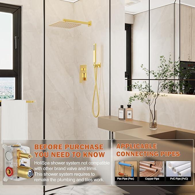 HoliSpa Gold Shower System, Shower Faucet Set with 10-Inch Rain Showerhead and Handheld Spray, Wall Mounted High-Pressure Showerhead Combo Set Included Valve and Trim, Brushed Gold - ModernBath