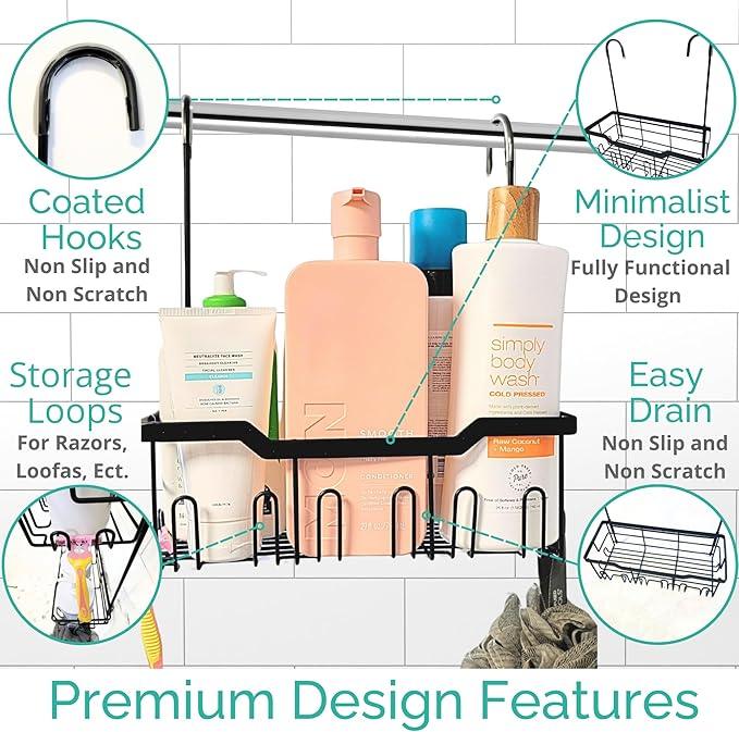 Heavy-Duty Black Hanging Shower Caddy with Rotatable Hooks and Adhesives - Rust-Proof 304 Stainless Steel - Bathroom Caddy for Organizing Your Shower Essentials - ModernBath