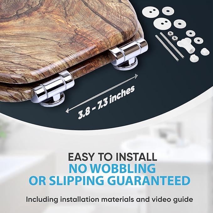 SANILO Wooden Toilet Seat with Soft Close [ELONGATED] - Decorative, Quiet & Slow Close Molded Wood Seat - With Strong Bumpers & Hinges - Adjustable Fit - Rustic - ModernBath