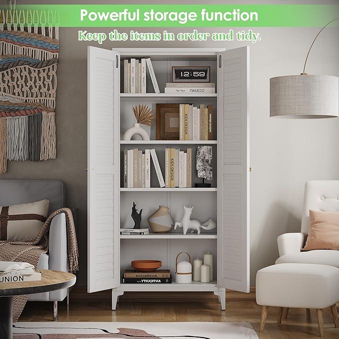 64" H Kitchen Pantry Storage Cabinet, Metal Storage Cabinets with 4 Adjustable Shelves for Kitchen Bathroom Living Room, Required Assembly, White - ModernBath