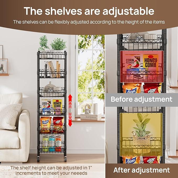 6 Shelves Storage Shelf Wire Closet Bathroom Organizers Metal Pantry Kitchen Garage Shelving Unit Laundry Room Organization Home Rack Net Basket Black with Wheels 14" Dx14 Wx64.8 H - ModernBath