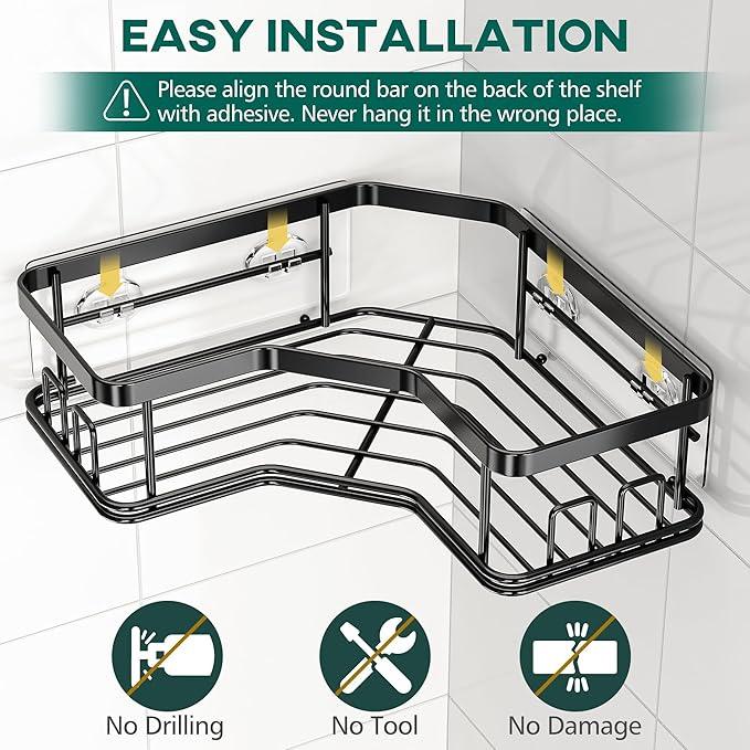 MAXIFFE 5 Pack X-Large Corner Shower Caddy, with Soap Holder and Toothbrush Holder, Large Capacity No Drilling Stainless Steel Hold 40 LB Shower Organizer Shelf Rack for Family Renter Bathroom, Black - ModernBath