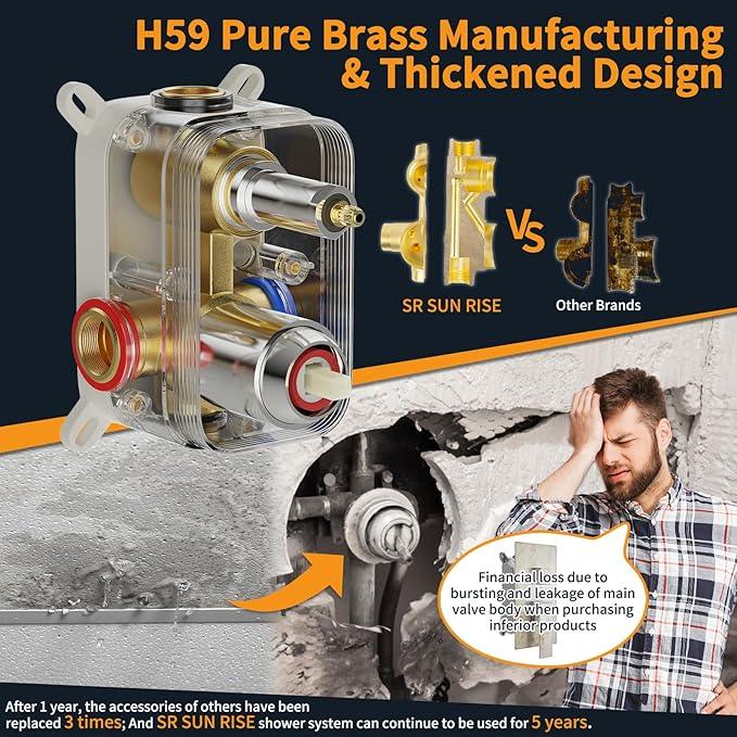 SR SUN RISE SRSH-D1203 12 Inches Bathroom Luxury Rain Mixer Shower Combo Set Wall Mounted Rainfall Shower Head System Polished Chrome Shower Faucet Rough-in Valve Body and Trim Included - ModernBath