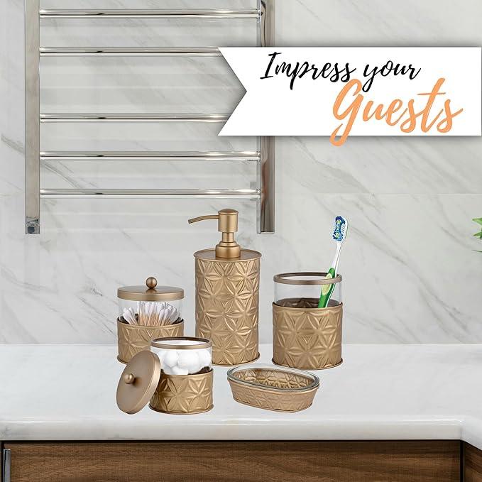 Autumn Alley Brushed Gold Bathroom Accessories Set, 5 Piece Champagne Gold Modern Bathroom Decor - Soap Dispenser, Toothbrush Holder, 2 Apothecary Jars, Soap Holder, Farmhouse Bathroom Décor - ModernBath