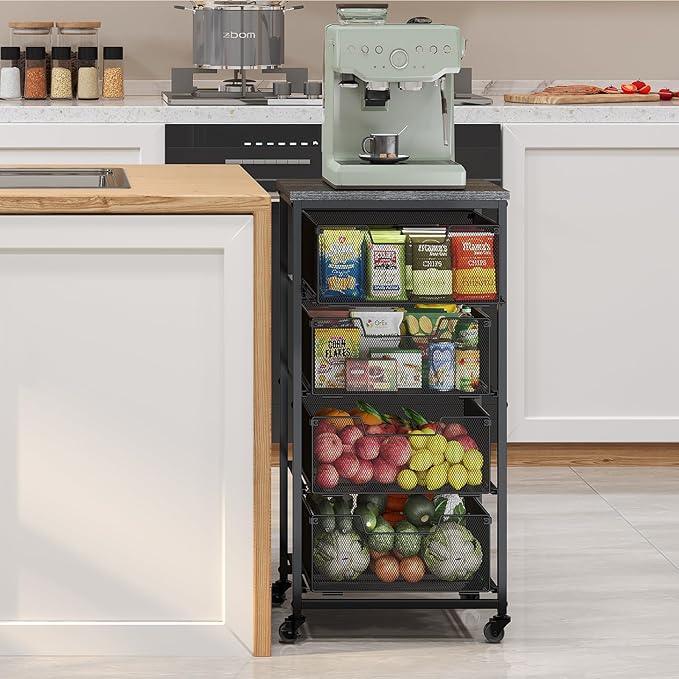 4-Tier Fruit Vegetable Storage Cart - Kitchen Organizer and Storage Cart with Wheels, Wooden Top Metal Wire Fruit Vegetable Rack Stand with Drawers to Storage Cans Snacks for Kitchen(Patent Pending) - ModernBath