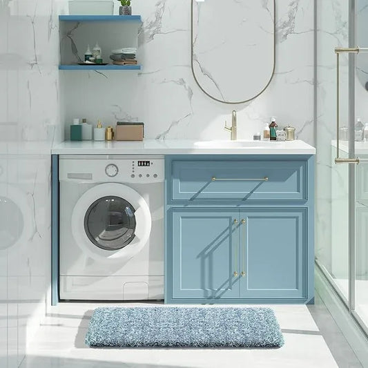 Yimobra Bathroom Rugs Non Slip Washable 36x24, Ultra Soft and Water Absorbent Bath Mats, Plush Fluffy Shower Mat Outside, Luxury Microfiber Thick Matts for Bathroom Floor/Tub, Denim Blue and White - ModernBath