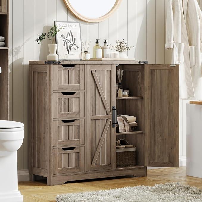 Vabches Farmhouse Bathroom Cabinet, Freestanding Storage Cabinet with 4 Drawers and 2 Doors, Rustic Storage Organizer with Adjustable Shelf for Bathroom, Living Room, Entryway, Grey - ModernBath