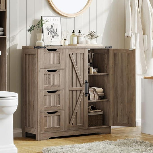 Vabches Farmhouse Bathroom Cabinet, Freestanding Storage Cabinet with 4 Drawers and 2 Doors, Rustic Storage Organizer with Adjustable Shelf for Bathroom, Living Room, Entryway, Grey - ModernBath
