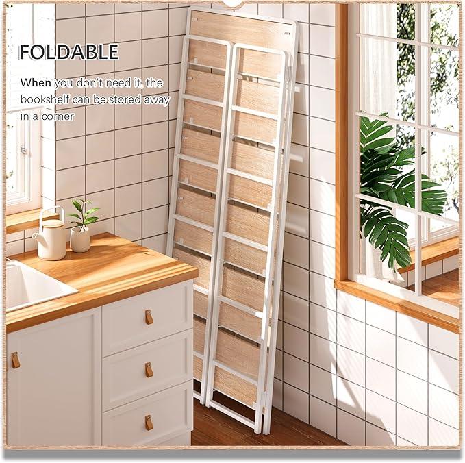 4NM No Assembly 6 Tiers Folding Bookshelf Storage Shelves Vintage Bookcase Standing Racks Study Organizer Home Office (Natural White) - ModernBath