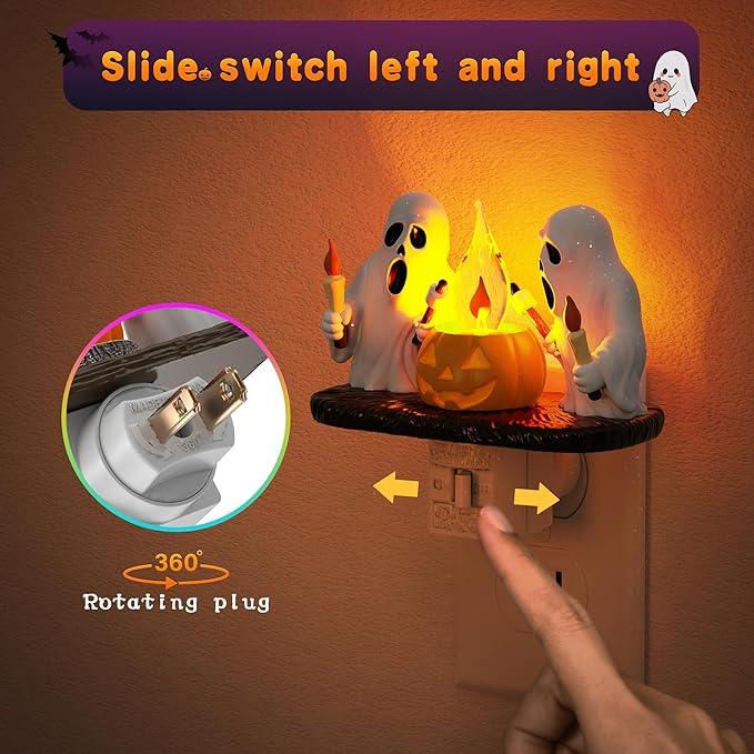 Halloween Night Light,Amber Night Lights Plug into Wall,Cute & Funny Flaming Jumping Night Light,Plug in Ghost & Pumpkin Nightlight with 360° Rotatable for Kids Halloween Party Decor, 1 Pack - ModernBath