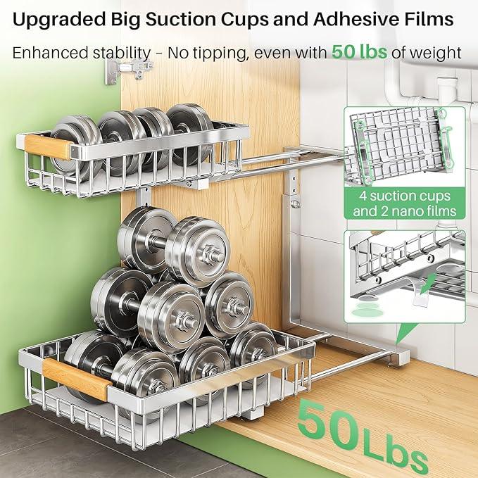 Under Sink Organizer, Stainless Steel 2 Packs 2 Tier Under Sink Organizers and Storage, Slide out Pull out Cabinet Shelf, Sliding Drawer for Kitchen Bathroom Pantry Cabinet Closet Organization Rack - ModernBath