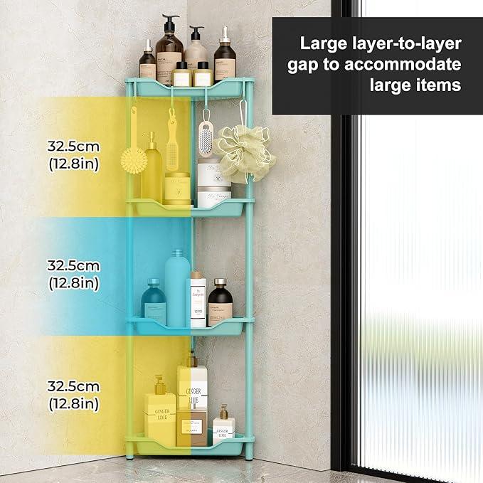 Orimade Rustproof 4 Tier Floor Standing Corner Shower Caddy Organizer, Plastic Metal Splicing Floor Corner Shelf Rack Stands for Bathroom, Blue - ModernBath