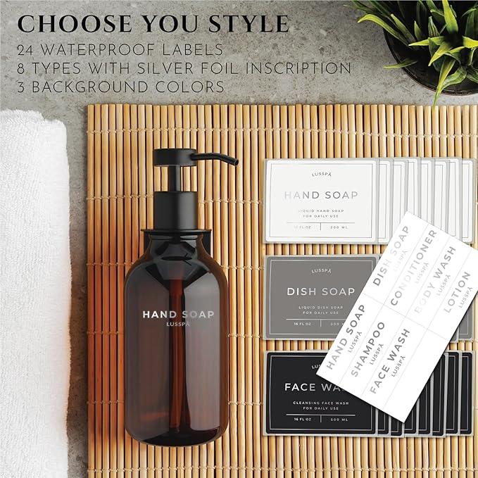 Shampoo & Conditioner Dispenser - Shower Soap Dispenser Wall Mounted - Set of 3 16.9 Oz Plastic Bottles with Pump & Holder - Shampoo Dispenser - Shower Dispenser Chamber No Drill (3 X Amber/Black) - ModernBath