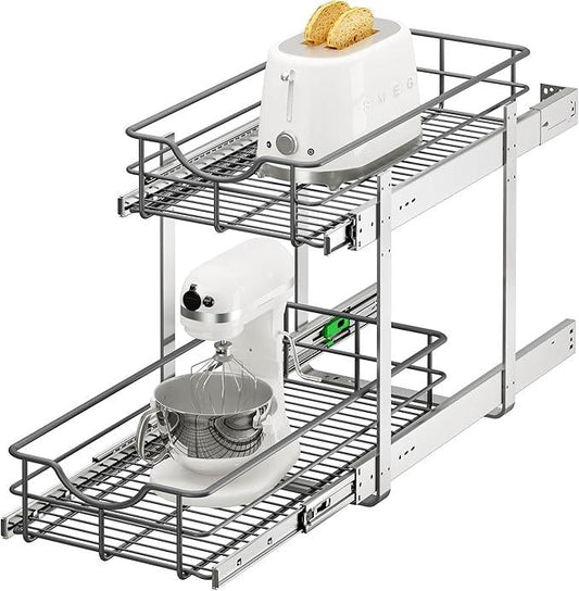 ALINE FURNITURE 2-Tier Pull Out Cabinet Organizer - 11" W x 22" D Soft Close Sliding Shelves with Shelf Liners - Pullout Drawers for Kitchen Cabinets, Pantry, Bathroom, Heavy Duty Steel Wire Baskets - ModernBath