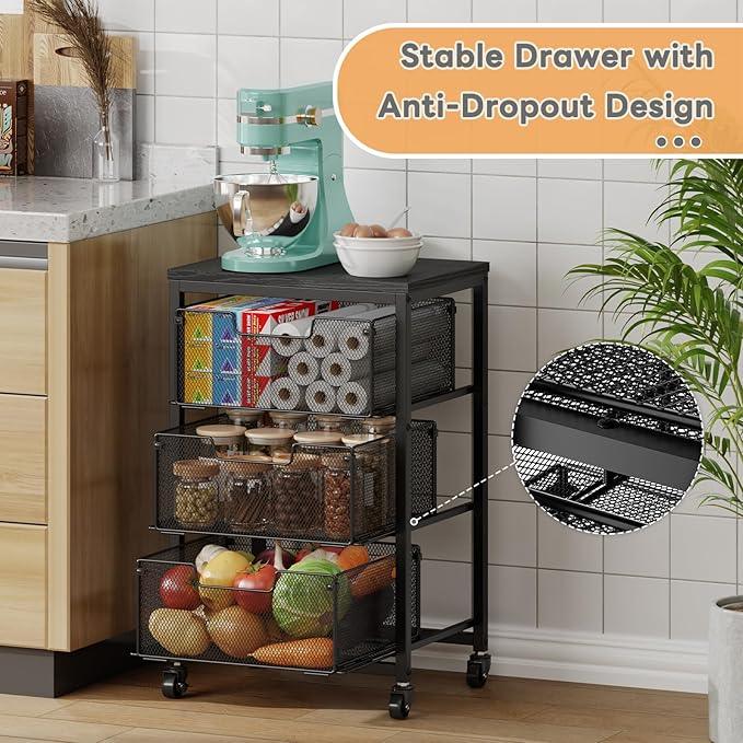 Pantry Organizer and Storage Cart, 3-Tier Kitchen Storage Cart with Drawer, Fruit Vegetable Storage Cart with Wheels, Wooden Top Metal Wire Kitchen Organizer Rack Stand for Food Snack Onion Potato - ModernBath