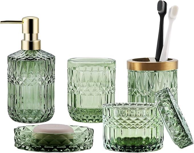 LaMarriti Green Bathroom Accessories Set, 5Pcs Clear Glass Bathroom Set Accessories, Soap Dispenser, Soap Dish, Toothbrush Holder Set, Tumbler, Qtips Holder for Vintage Crystal Bath Decor - ModernBath
