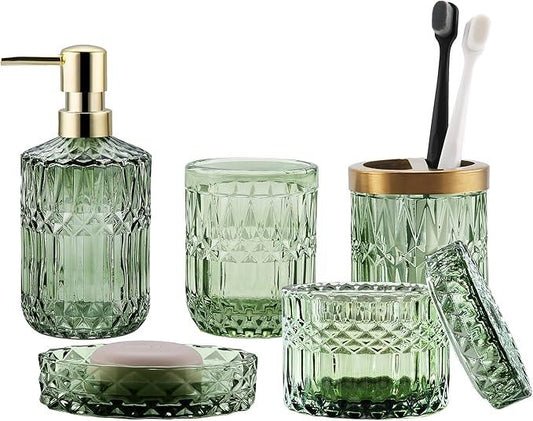 LaMarriti Green Bathroom Accessories Set, 5Pcs Clear Glass Bathroom Set Accessories, Soap Dispenser, Soap Dish, Toothbrush Holder Set, Tumbler, Qtips Holder for Vintage Crystal Bath Decor - ModernBath