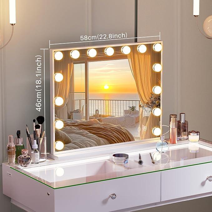 FENCHILIN Vanity Mirror with Lights and Bluetooth Speaker 22.8"x 18.1" Makeup Mirror Lighted Hollywood Mirror with 15 Dimmable LED Bulbs USB Charge Port, 3 Color Lighting Modes - ModernBath
