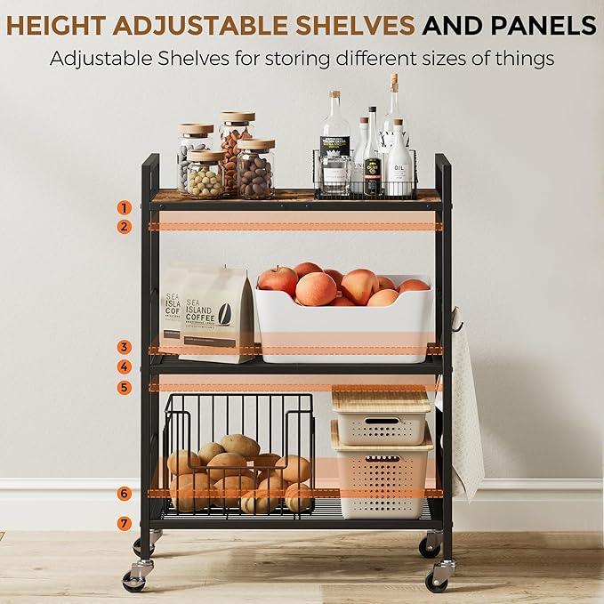 3-Tier Metal Storage Rack with Industrial Wheels,Mesh Shelving Unit with Wooden Table top,Adjustable Shelf,23.6-Inch Width,15.8-Inch Depth, for Kitchen, Laundry,Pantry,Plant,Black - ModernBath