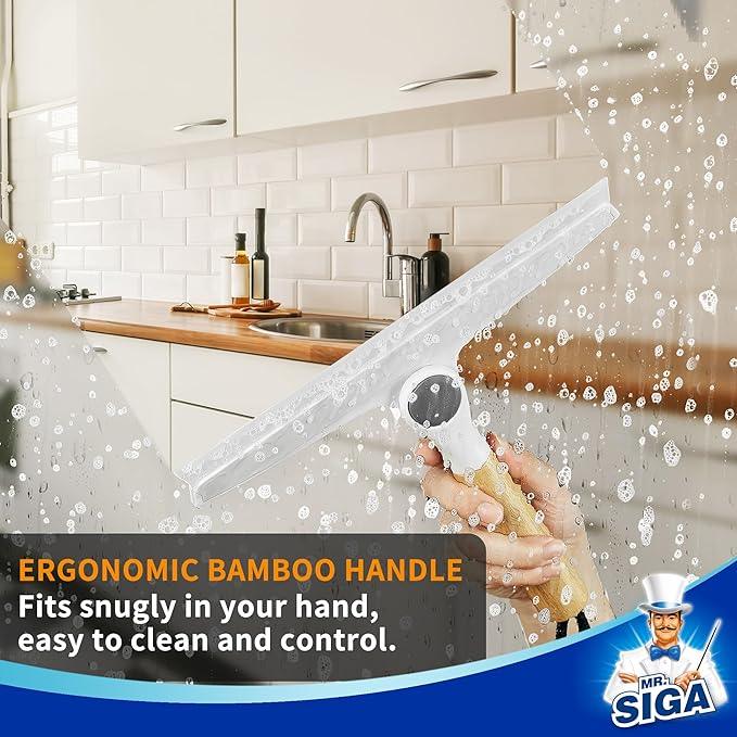 MR.SIGA All Purpose Silicone Squeegee for Shower Door, Mirror, Glass, Streak Free Shower Squeegee, Pivoting Bamboo Handle, Includes 1 Suction Hook, 10 inch Wide, 1 Pack - ModernBath