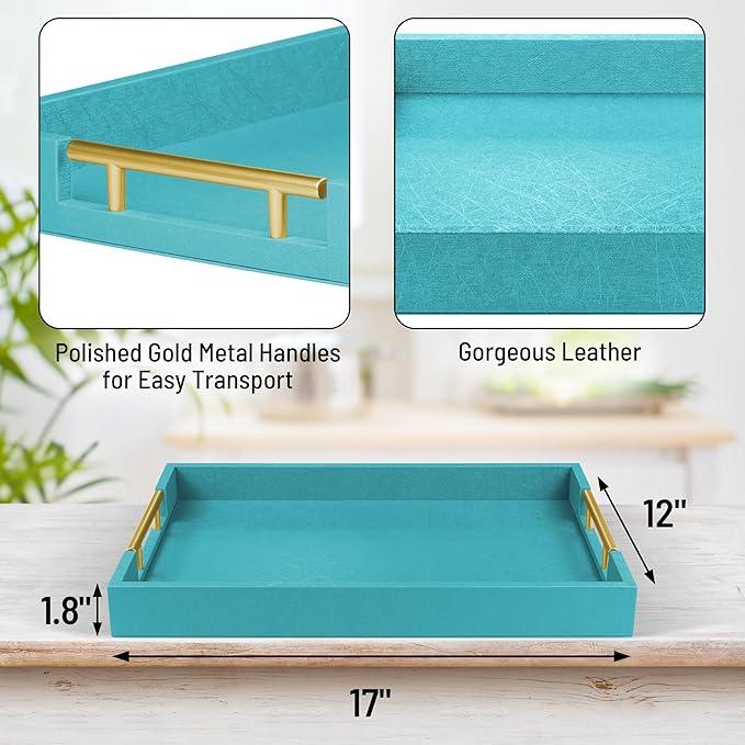 17" x 12" Wood Serving Tray with Gold Polished Metal Handles, Home Decorative Wooden Rectangle Ottoman Leather Decor Platter Bathroom Vanity Tray for All Occasions Blue - ModernBath