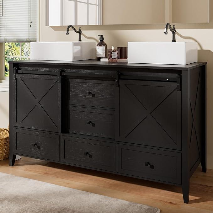 VNN Bathroom Vanity with Sink - 60 Inch Bathroom Vanity Double Sink Ceramic, Freestanding Cabinet with 2 Farmhouse Sliding Barn Doors and 5 Drawers, Space-Saving Storage Cabinet, Black Wood Grain - ModernBath