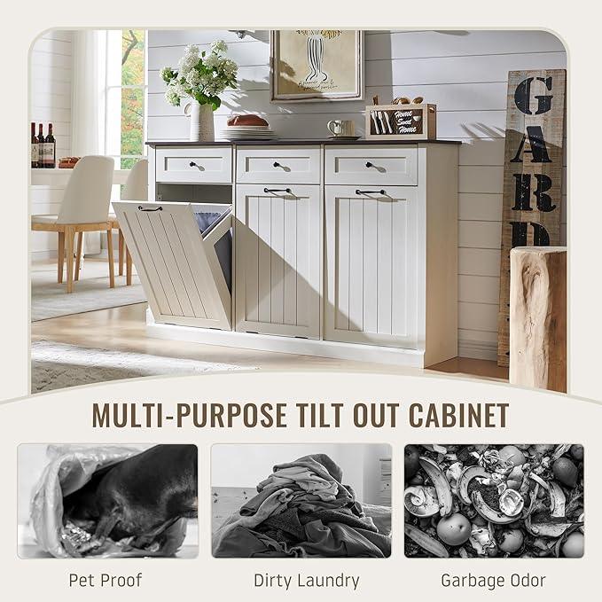Triple Tilt Out Laundry Hamper Cabinet, 20 Gallon Farmhouse Trash Can Cabinet w/Drawer & Adjustable Shelf, Hidden Garbage Can Bin Cabinets w/Laundry Basket for Bathroom, Kitchen (Antique White) - ModernBath