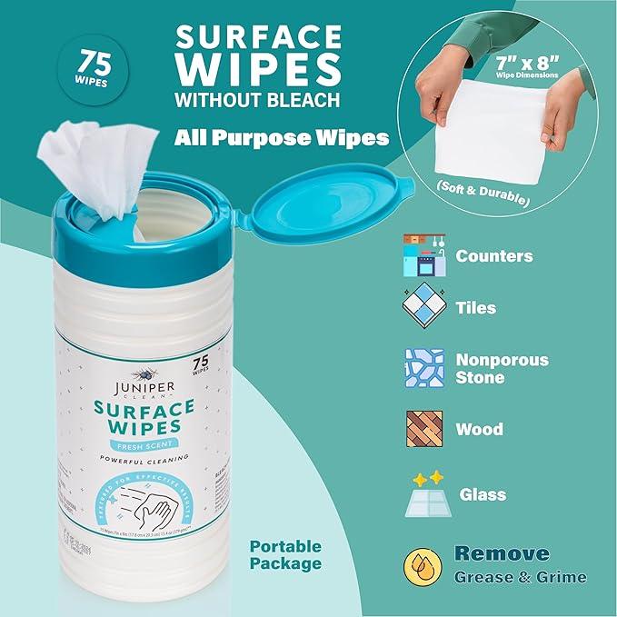Juniper CLEAN 4 Pack Surface Cleaning Wipes Bleach Free, All-Purpose Cleaner for Bathroom, Kitchen, Office, 300 Count Canister, 7.5" x 7" Sheet, Fresh Scent, Lint Free & Durable - ModernBath