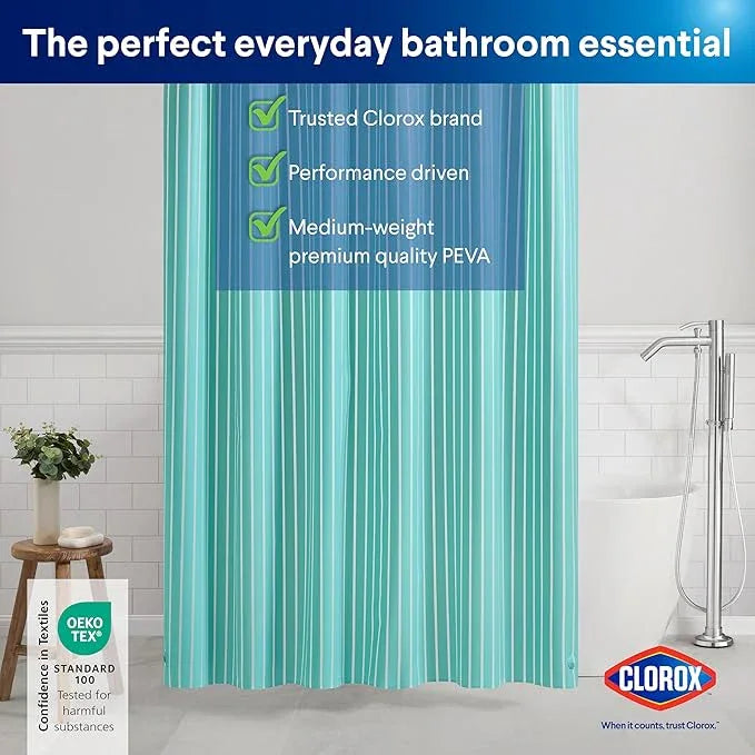 CLOROX Shower Curtain Liner, Premium Striped Medium-Weight Durable Waterproof 6g PEVA for Bathroom with Weighted Magnets, Printed Standard Size 72" x 72", Aqua - ModernBath