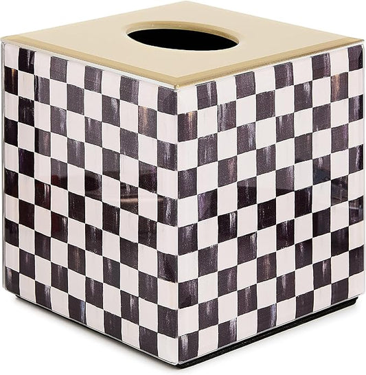 MACKENZIE-CHILDS Glass Tissue-Box Cover, Boutique Bathroom Decor, Black-and-White Courtly Check