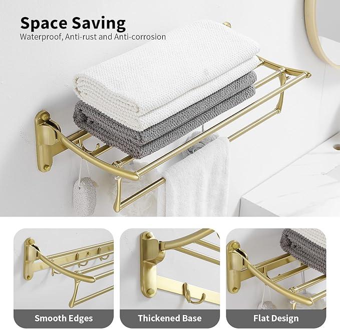 BESy 24 Inch Brushed Gold Towel Racks, Bathroom Towel Shelf with Foldable Towel Bar Holder and Towel Hooks, Wall Mounted Multifunctional Bathroom Accessories, Double Towel Bars - ModernBath