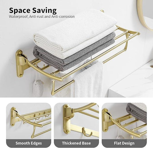 BESy 24 Inch Brushed Gold Towel Racks, Bathroom Towel Shelf with Foldable Towel Bar Holder and Towel Hooks, Wall Mounted Multifunctional Bathroom Accessories, Double Towel Bars - ModernBath