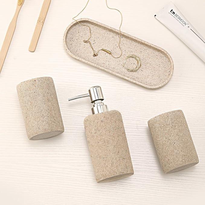 Bathroom Accessories Set, Bathroom Organizer Countertop, Soap Dispenser and Toothbrush Holder, Mouthwash Cup, Tray Set, Vanity Tray for Bathroom, 4 Pieces Modern Decor (Beige) - ModernBath