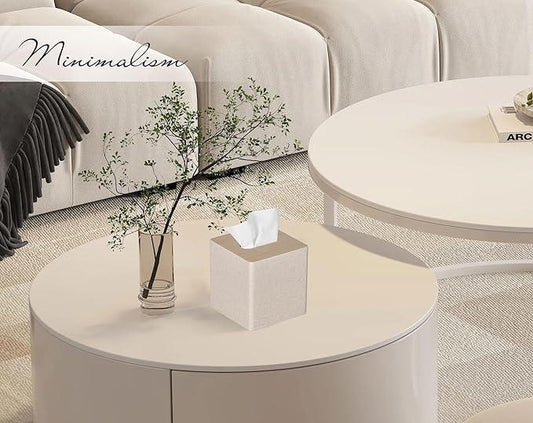 GOLRANLYE Tissue Box Cover Square 2 Pack PU Leather Facial Tissue Box Holder for Dresser Bathroom Decor (Beige) - ModernBath