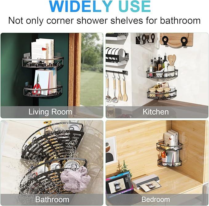 Corner Shower Caddy, 2 Pack Adhesive Bathroom Shower Corner Organizer Shelf, No Drilling Rustproof Wall Mounted Shower Storage Rack Shampoo Holder Organizer (Black) - ModernBath