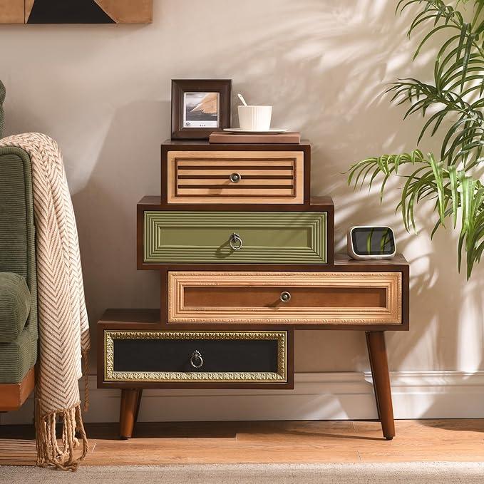 Vintage Accent Chest with 4 Drawers, Asymmetrical Stacked Design, Multicolored Hand-Carved Decorative Rustic Cabinet for Living Room, Entryway - ModernBath