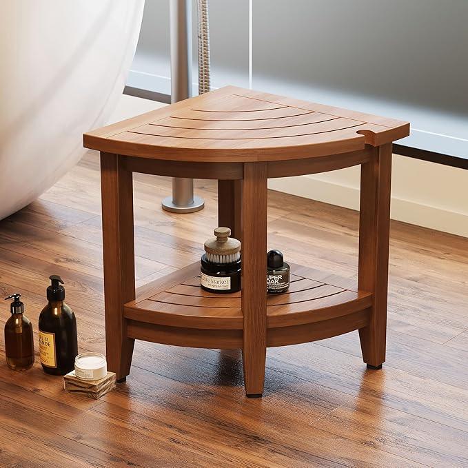 Jekruiet 18" Teak Corner Shower Stool, Inside Shower Stool with Storage Shelf, Waterproof Teak Stool for Shaving Legs and to Sit On, 2-Tier Shower Stool,Adjustable Feet, Non-Slip, Brown - ModernBath