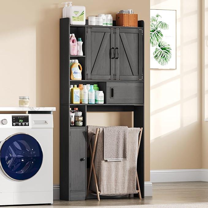 ChooChoo Over The Toilet Storage Cabinet, Farmhouse Bathroom Shelf Over Toilet with Adjustable Shelves, Above Toilet Storage Cabinet with Sliding Door for Bathroom, Laundry Room, Black - ModernBath
