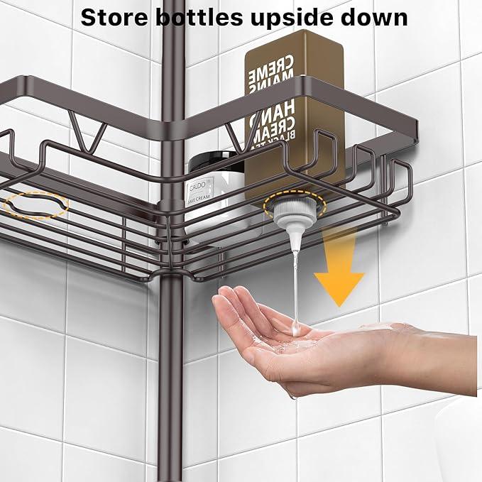 KEGII 4-Tier Corner Shower Caddy Tension Pole - Waterproof Shower Rod Organizer, Floor to Ceiling Tension Rod 25-114.2 inch, Stainless Steel Corner Shower Shelf, Bronze - ModernBath