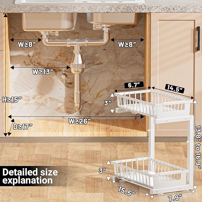 Under Sink Organizer 2 Pack, 2 Tier Adjustable Height Reinforced Carbon Steel Under Kitchen Bathroom Sink Storage Organizer, Smooth Pull-Out Under Sink Cabinet Rack Drawer Organizer, White - ModernBath