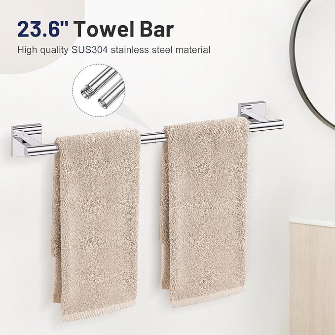 Polished Chrome Bathroom Hardware Set, 5-Piece Bath Towel Bar Set with 23.6” Towel Bar, Towel Ring, Toilet Paper Holder, Two Hooks, SUS304 Towel Racks for Bathroom Wall Mounted - ModernBath