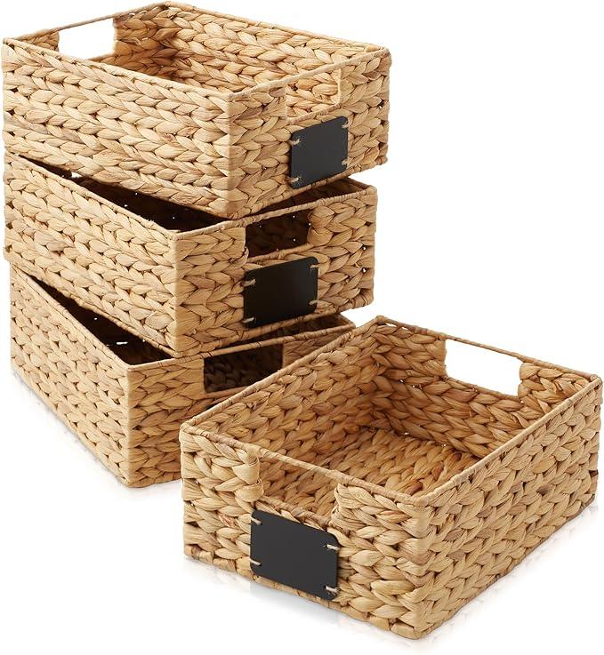 Casafield Set of 4 Water Hyacinth Pantry Baskets, 10" x 13" x 5", with Chalkboard Labels and Chalk Marker - Natural, Woven Storage Bin Organizers for Kitchen Shelves - ModernBath