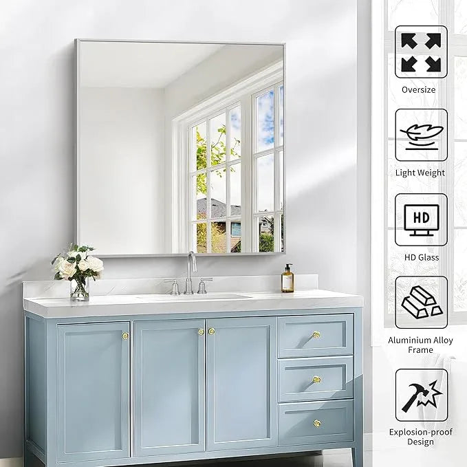 COFENY Silver Bathroom Mirror for Wall, 30x30 Inch Rectangle Mirrors with Metal Frame, Modern Vanity Wall Mirror Decor for Bathroom Living Room, Entryway Hangs Horizontal or Vertical - ModernBath