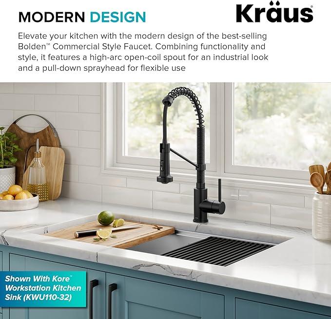 KRAUS Bolden Commercial Style 2-Function Single Handle Pull Down Kitchen Faucet in Matte Black, KPF-1610MB - ModernBath