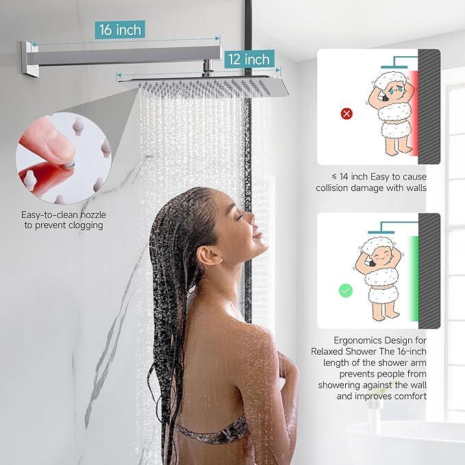 SR SUN RISE Shower Faucet Set & System - 12 Inch Rainfall Shower Head & Handle Set Wall Mounted Polished Chrome Solid Brass Valve Trim Kit Included - ModernBath