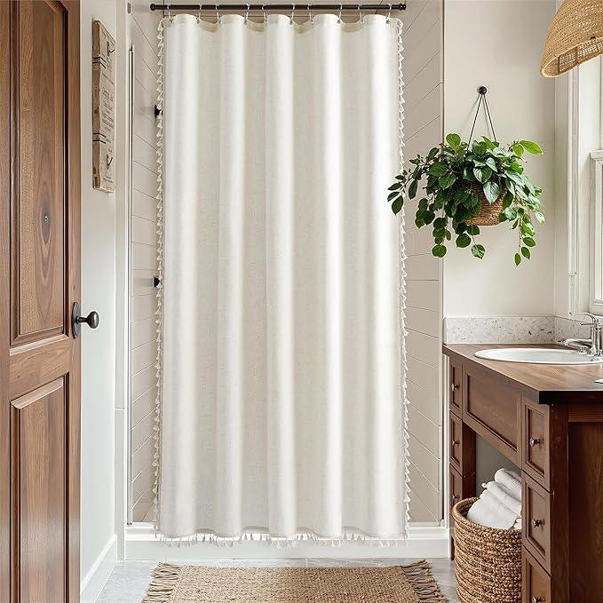 Nanspring Stall Natural Boho Linen Shower Curtain 60 Inches Wide Textured Luxury Fancy Tassel Shower Curtain Set with Hooks Modern Vintage Country Bath Curtain Decor for Bathroom 60x72, Cream - ModernBath