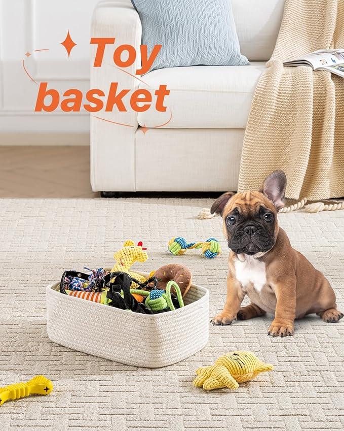 Small Woven Basket, 13.5 x 9.5 x 5 Inches, Storage Basket for Organizing, Cute Small Rope Shelf Closet Cube Storage Bins Baskets for Shelves, Dog Toy Gift Baskets Empty, 3 Packs, Off White - ModernBath